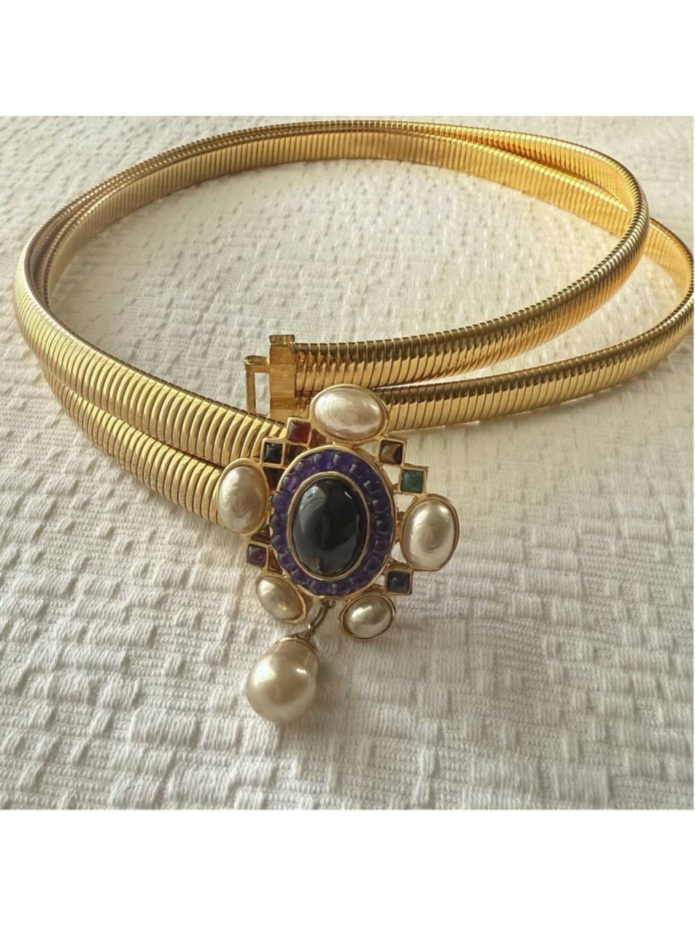 Judith Leiber Gold Tone Double Strand Multi Semi Precious Jewel Stones Belt